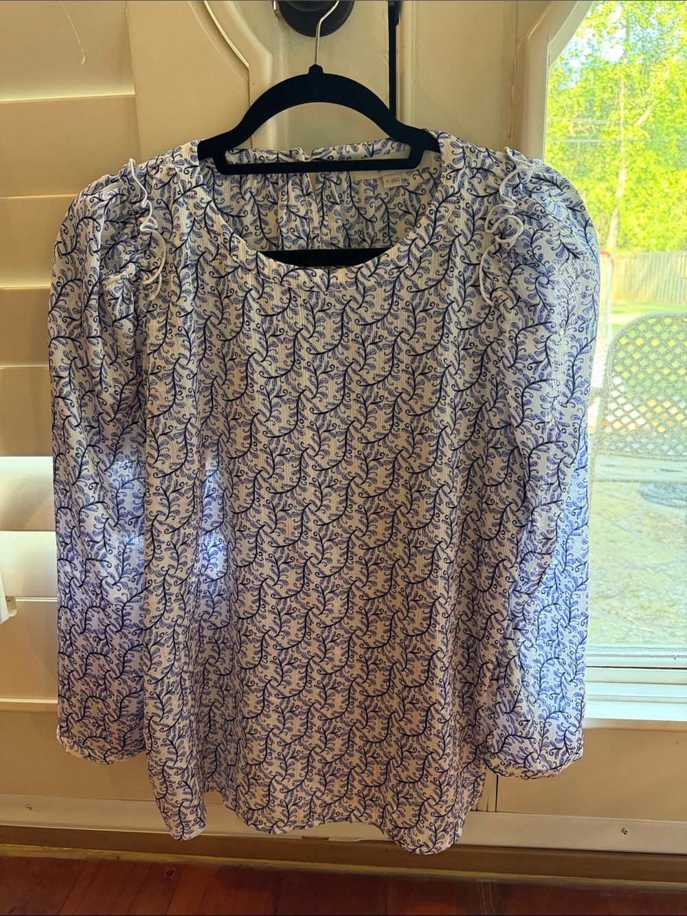 LOFT White Blouse with Blue Vine Print